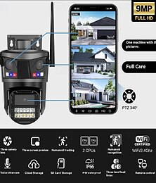 voordelige -9MP wifi-beveiligingscamera met drie lenzen voor buiten – PTZ-bewakingscamera met automatische tracking, preview op 3 schermen, nachtzicht, IP66-waterdicht