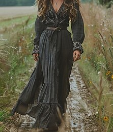 olcso -Női Hosszú ruha Maxi ruha hétköznapi ruha Swing ruha nyári ruha Boho ruha Szüret Vakáció Napi Szabadság Normál Grafika Hosszú ujj V-alakú Fekete Nyár