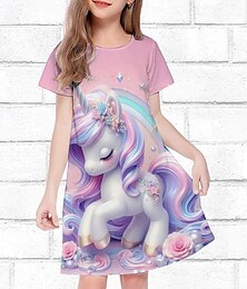 halpa -Tyttöjen 3D Yksisarvinen Mekko Lyhythihainen Kesä Kevät Loma Päivittäin Pyhäpäivä Prinsessa Kaunis Makea Lapset 4-12 vuotta Rento mekko Polvipituinen Normaali