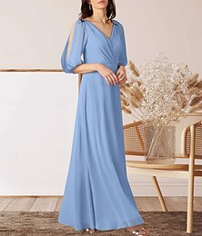 abordables -Robe de Mère de la Mariée A-Line Invité de mariage Élégante Col en V Longueur de Sol Chiffon Manches Mi-Longues avec Fronces