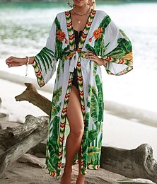 abordables -Femmes Maillots de Bain Vêtement couvrant Maillot de bain Nœud devant Tropical Tenues de plage Fleur Col en V manche longue Maillots de bain