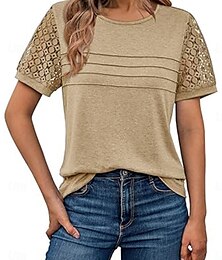 economico -Per donna Maglietta Semplice Moda Elegante Classico Manica Corta Girocollo Top Regolari Quotidiano Weekend Pizzo Patchwork Nero Rosa Vino Cachi Estate