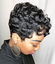 abordables -Perruques courtes de lutin pour femmes noires Perruque synthétique courte pour femmes noires Perruque naturelle ondulée noire coupe de lutin Perruque courte bouclée en couches
