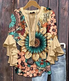 economico -Blusa retro da donna manica a strati a volant top vintage grafica floreale bohemia vintage quotidiana manica 3/4 top regolari quotidiani per le vacanze stampa nera gialla estate primavera