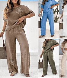abordables -Femmes Actif Streetwear Chemises en coton et lin Chemisier Ensembles de Pantalons manche longue Col ras du cou Fleuri Fête Sortir Week-end Blanche Vert Véronèse Bleu Été Coupe régulière