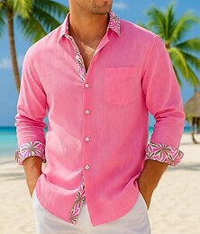 preiswerte -Herren Hemd Sommerhemd Freizeithemd Strandhemd Knopfhemd Gelb Rosa Grün Grau Langarm Bedruckt Revers Urlaub Hawaiianisch Tasche Bekleidung Polyester Mode Lässig Bequem