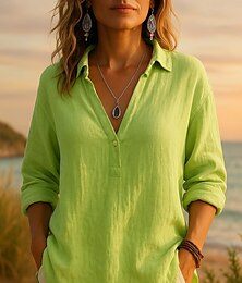 economico -Per donna Camicia Camicie di cotone e lino Abbottonare Tinta unica Quotidiano Casual Manica Lunga Manica a Vescovo Colletto a Camicia Top Regolari Quotidiano Patchwork Bottoni Bianco Rosa Viola Verde