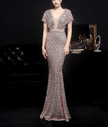 abordables -Sirène / Trompette Robes de Quinceanera Élégant Robe Formel Mariage Longueur au sol Manche Courte Col en V Pailleté avec Paillettes 2025