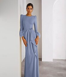 billige -Fjær Kolonne Kvelds Kjole Stretch Crepe Elegant Kjole Offisiell Bryllup Gulvlengde Lange Ermer Rund Utringning Avtakbar