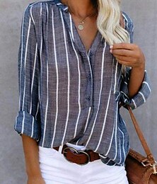 economico -Per donna Camicia A righe Elegante Casual Manica Lunga Scollo a V Top Regolari Quotidiano Stampato Bianco Blu Grigio Azzurro Estate Primavera