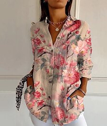 abordables -Mujer Camisa Flor Diario Elegante Básico Media Manga Escote en Pico Tops regulares Diario Festivos Estampado Amarillo Rosa Beige Primavera Otoño