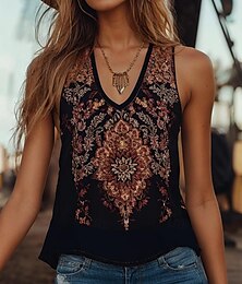 economico -Per donna Canotta a canotta Floreale Grafico Bohemien Quotidiano Etnico Senza Maniche Scollo a V Top Regolari Quotidiano Ferie Uscire Nero Estate Primavera