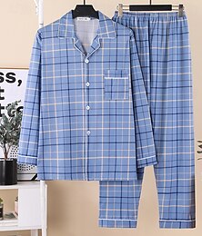 economico -Per uomo Pigiami Set Pigiama Top e pantaloni del pigiama 1 Set Plaid Moda Elegante Classico Casa Quotidiano Da letto Poliestere Comodità Morbido Bavero Manica Lunga Cardigan Pantalone Elastico in vita