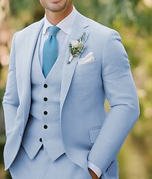 abordables -costumes de mariage en lin pour hommes bleu ciel été formel couleur unie coupe standard 3 pièces simple boutonnage deux boutons