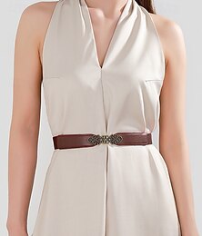 abordables -Cinturón elástico vintage para mujer con hebilla de bronce en forma de pergamino. Cinturón de piel sintética para vestidos y blusas, estilo elegante para uso diario y ocasiones formales.