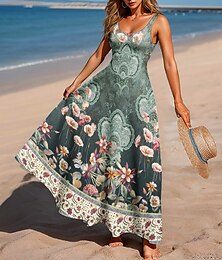 ieftine -Pentru femei Rochie Maxi Rochie A line Rochie cu umeri Boemia Vacanță Stiluri de Plajă Petrecere Fit regulat Floral Grafic Imprimeu Paisley Fără manșon Pătrat Scoateți gâtul Verde salvie Var