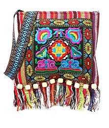 abordables -Sac bandoulière bohème coloré à franges brodées pour femme – Sac à main ethnique tribal en toile avec pompons et perles en bois pour festivals, voyages et sorties décontractées