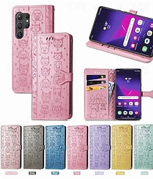 Недорогие -телефон Кейс для Назначение SSamsung Galaxy S24 S23 S22 S21 Ultra Plus S24 ФЭ А55 А35 А25 А15 5Г S25 Ультра Кошелек для карт Откидная крышка с ремешком на запястье Защита от удара Кот С собакой