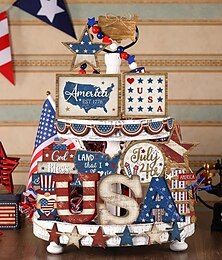 abordables -Juego de decoración patriótica con bandejas escalonadas para el 4 de julio y el Día de los Caídos, letreros rústicos de madera en rojo, blanco y azul, decoraciones de mesa vintage estilo granja para