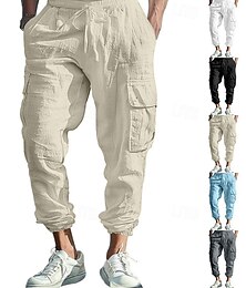 economico -Per uomo Pantaloni di lino Jogger cargo Pantaloni Pantaloni estivi A cordoncino Vita elastica Multi tasca Liscio Comfort Traspirante Lunghezza intera Esterno Informale Giornaliero Di tendenza Classico