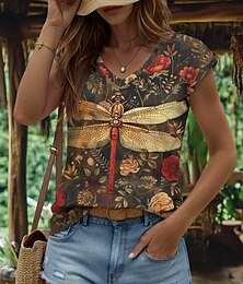 abordables -Camiseta sin mangas estilo camisola con estampado de animales para mujer, estilo vintage tropical, elegante, sin mangas, manga corta, cuello en V, tops regulares, estampado diario, amarillo, rojo,