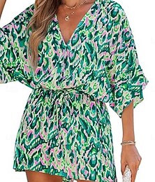abordables -Mujer Normal Mono Activo Geométrico Manga 3/4 Escote en Pico Estampado Vacaciones Diario Ajuste regular Rosa Azul Piscina Morado Verano
