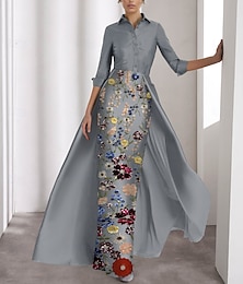 abordables -Vestido de Noche Columna Bordado Vestido Elegante Formal para Invitada de Boda Largo Hasta el Suelo Manga Larga Cuello de Camisa Satén con Brillo