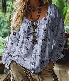 preiswerte -Damen Westernbluse Boho Hemd Bluse Blume Modern Casual Langarm V-Ausschnitt Regular Tops Alltag Urlaub Ausgehen Print Hellgrün Rosa Blau Lila Grün Sommer Herbst