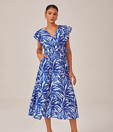 economico -vestito midi con maniche a balze e coulisse con stampa a foglie