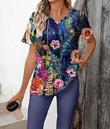 abordables -Femmes Élégant Vacances Mode T-shirt Ensembles de Shorts Manche Courte Col en V Fleuri Graphique Imprimé Occasionnel Quotidien Décontracté Quotidien Pourpre Été Coupe régulière