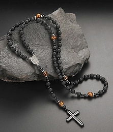abordables -Collar con colgante de cruz de ojo de tigre y piedra de lava negra para hombre: collar de cuentas espirituales de acero inoxidable con largo ajustable, regalo perfecto para el Día del Padre para uso casual y religioso.