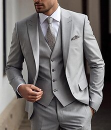 abordables -Trajes de boda para hombres gris claro negocio diario color sólido talla grande 3 piezas de un solo botón de dos botones