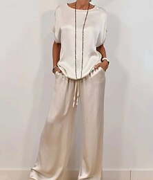 economico -Set di pantaloni da donna in 2 pezzi moda streetwear maniche corte scollatura tonda a tinta unita casual quotidiano nero bianco marrone estate vestibilità regolare