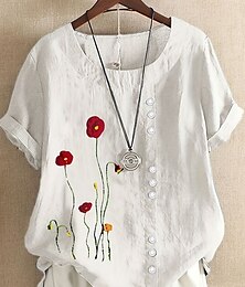 economico -Camicetta da donna in cotone e lino, con stampa floreale, vintage, casual, a maniche corte, girocollo, regular, per tutti i giorni, per uscire, con bottoni, orlo asimmetrico, bianca, blu, estate,