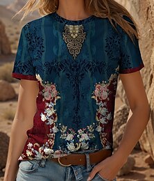 economico -Per donna Maglietta Floreale Grafico Blocco di colori Bohemien Vintage Etnico Manica Corta Girocollo Top Regolari Quotidiano Uscire Weekend Stampato Rosso Blu Viola Verde Estate Primavera