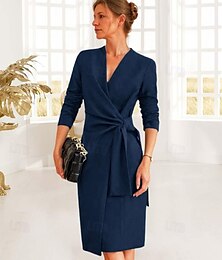 abordables -Robe colonne  étroite Robe de mère de la mariée Robe élégante Vintage Simple V Cou Longueur thé Crêpe Manches longues avec Nœud tordu Couleur solide Robe de course