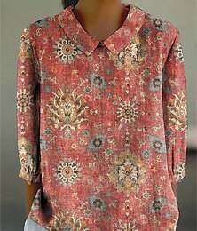 abordables -Mujer Blusa Graphic Geométrico Diario Elegante Casual Manga Larga Cuello Camisero Tops regulares Diario Botones Estampado Amarillo Rojo Verano Primavera