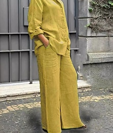 economico -Per donna Attivo Essenziale Set di biancheria in cotone Manica Lunga Colletto a Camicia Tinta unica Casual Quotidiano Nero Bianco Giallo Estate Vestibilità regolare
