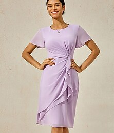 voordelige -Dames Knielengte jurk Gelaagde jurk Elegant Formeel Vlinder Bruiloft gast Cocktailparty Normale pasvorm Effen Korte mouw Strakke ronde hals Licht Paars Zomer