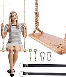 billige -Trehuske med anheng, 61 x 20 x 3 cm, for voksne og barn som veier 227 kg, justerbart hampetau og et trespill i 380 cm