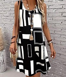 ieftine -Pentru femei Rochie Mini Rochie de Vară Rochie A line Rochie de vară Vacanță Casual Fit regulat Grafic Geometric Abstract Fără manșon În U Negru și Alb Vară Primăvară