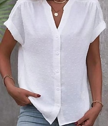 economico -Per donna Camicia Tinta unica Elegante Casual Manica Corta Collo a V Top Regolari Quotidiano Bottoni Bianco Estate