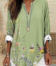 preiswerte -Damen Bluse Sommer Oberteile Blumendruck Vintage Tropen Hawaii Langarm V-Ausschnitt Reguläre Oberteile Täglich Feiertag Strandmode Druck Marineblau Blau Lila Grün Beige Sommer Frühling