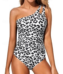 abordables -Femmes Maillot de bain 1 pièce Une Epaule Maillot de Bain Motif Léopard Maillots de Bain Blanche Bleu Respirant Séchage Rapide Sans manches - Natation Surf Plongée en apnée Été