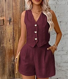abordables -Femmes Mode Streetwear Ensembles en coton et lin Ensembles de Shorts Sans manches Col en V Uni Tenue quotidienne Date Vin Bleu Marine Kaki Été Coupe régulière