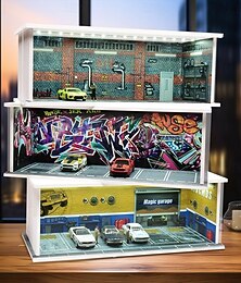 billiga -1:64 modellbilsdisplay, diecast diorama garage, simulerad parkeringsmodell, miniatyrscen, parkeringsplats i PVC-montering med ljus, parkeringsplatsmodelldisplayram, leksaksdisplaylåda