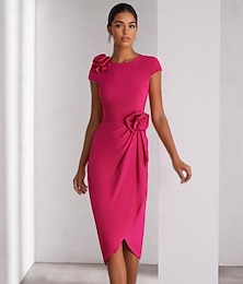 ieftine -Rochii cocktail de coloană roz elegantă formală invitație la nuntă lungime până la gleznă mânecă scurtă guler rotund crep elastic cu floare la umăr