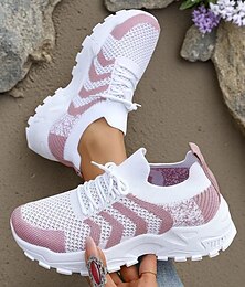 abordables -Zapatillas deportivas transpirables de suela gruesa para mujer: parte superior de malla tejida, estilo deportivo de moda, para caminar, gimnasio, viajes y uso diario informal.