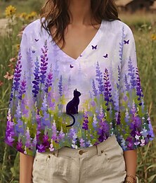 economico -Per donna Blusa Floreale Grafico Gatto Elegante Casual Manica 3/4 Scollo a V Top Regolari Quotidiano Giallo Blu Viola Estate Primavera