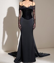 levne -Černé šaty sametové korzetové šaty mořská panna  trumpeta večerní róba elegantní šaty formální black tie gala šaty svatební dvorní vlečka srdíčko krajkový s řasenými rukávy